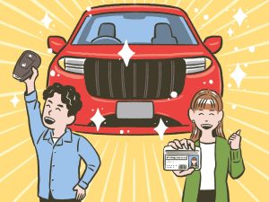 初めて車を購入し、笑顔の若者
