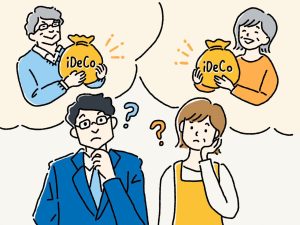 サラリーマン男性と主婦の女性がそれぞれiDeCoの受け取りについて悩んでいる