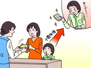 銀行口座を開設する親子と大人になって感謝する子ども