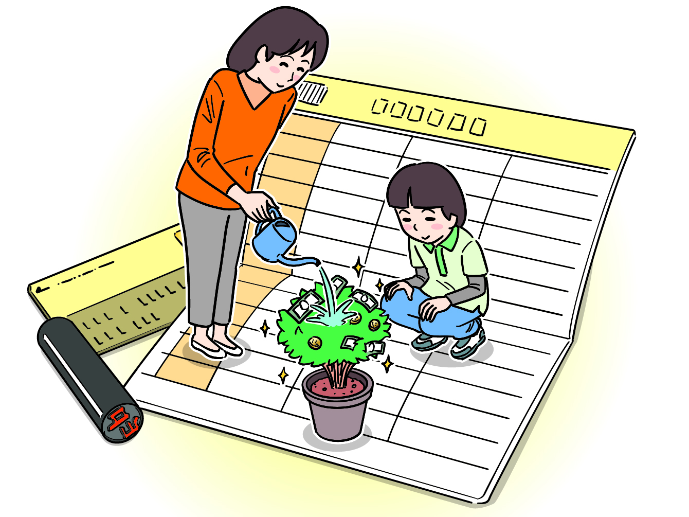 貯金通帳の上で「お金のなる木」を育てる親子