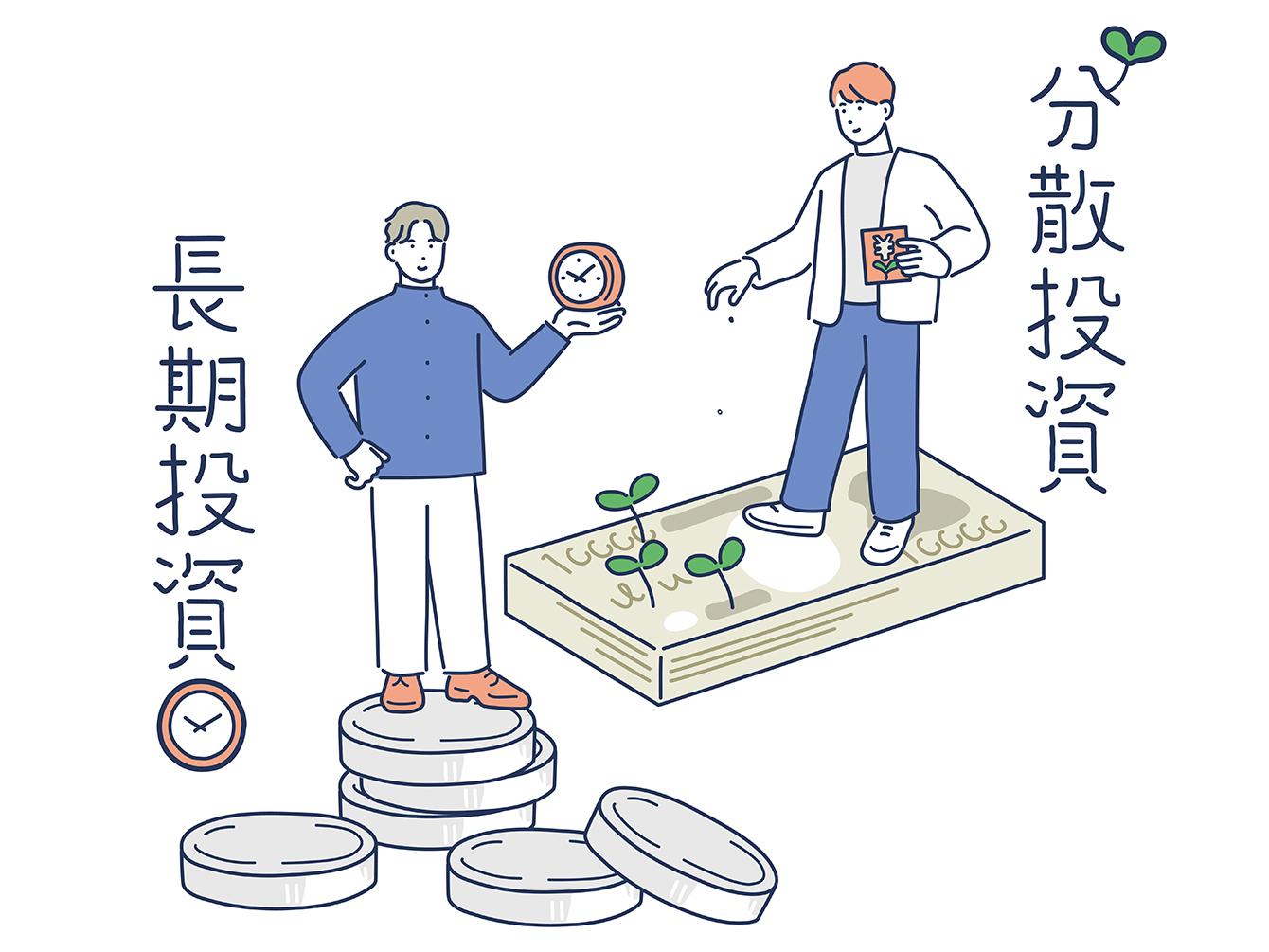 貨幣の上で時計を持っている人と札束の上で種をまいている人