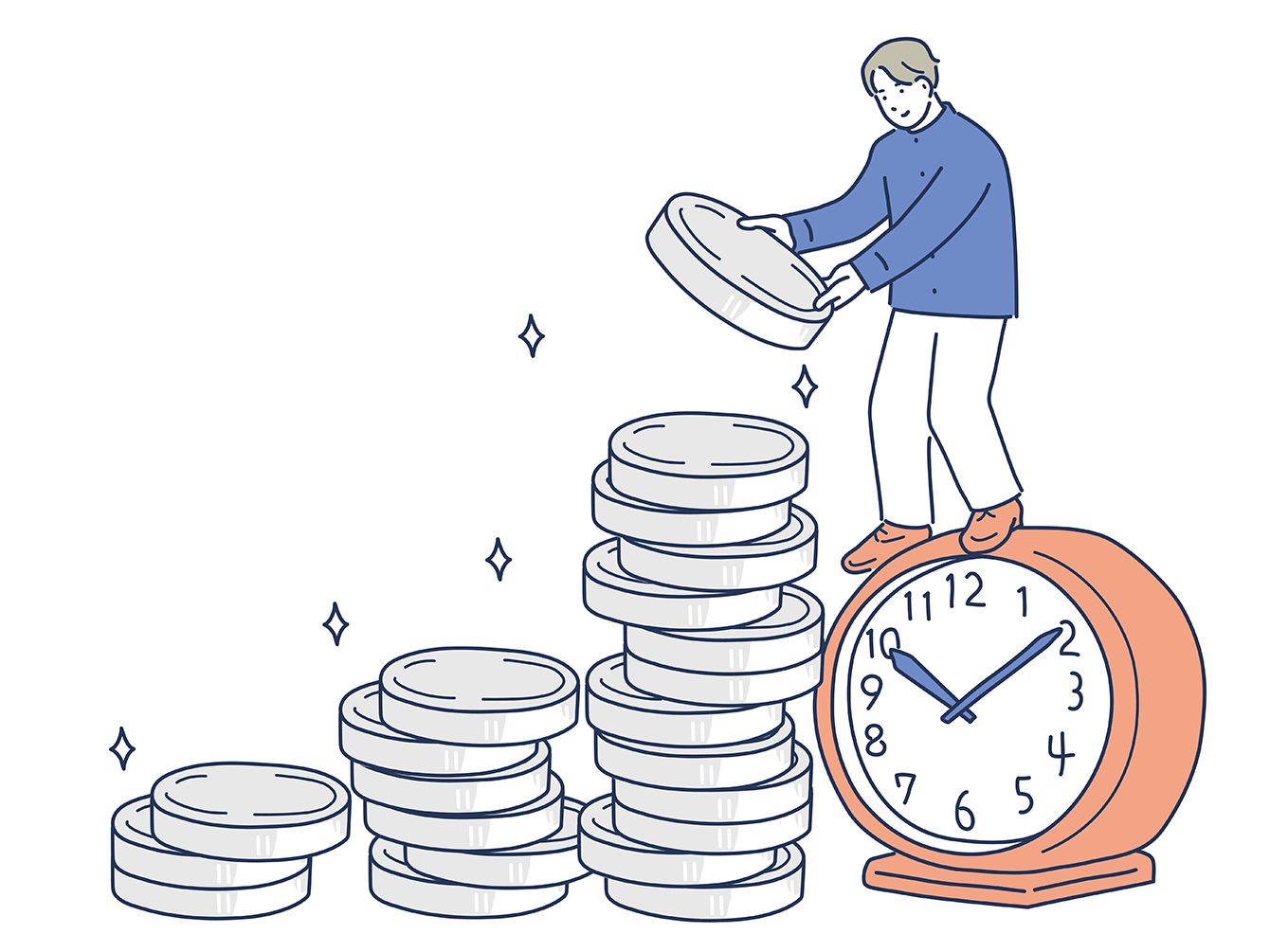 時計に乗って硬貨を積み重ねる人